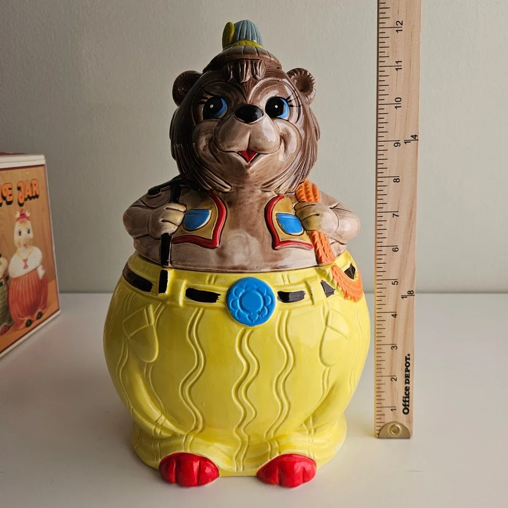 Vintage 1960s Ceramic Bear Miner Hiker 2 Piece Cookie Jar Made in Japan NEW